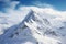 Majestic Snow-Capped Mountain Peak Shrouded In Clouds Against Blue Sky. Generative AI