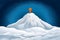 Majestic snow capped peak with orange pin, a dotted path leading upward on vast snowy landscape