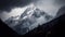 A majestic snow-capped peak piercing through a cloudy sky created with Generative AI