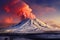 A majestic snow-capped volcano erupting.Plumes of ash and smoke emerging. A majestic snow-capped volcano erupting.Plumes of ash
