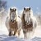 Majestic snowy horses against a serene snowy white background