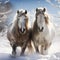 Majestic snowy horses against a serene snowy white background