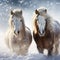 Majestic snowy horses against a serene snowy white background