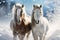 Majestic snowy horses against a serene snowy white background