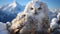 Majestic snowy owl perching on snowy branch, looking at camera generated by AI