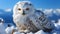 Majestic snowy owl perching on snowy branch, staring at camera generated by AI