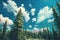 majestic spruce forest with clear blue skies and fluffy clouds