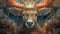 A majestic stag with fiery, glowing antlers stands amidst swirling ethereal patterns, creating a mystical and powerful digital art