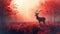 Majestic Stag in Misty Crimson Forest