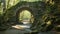 A majestic stone arch gracefully stands amidst the dense foliage of a picturesque forest, A sun-dappled forest path leading to a