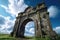 majestic stone archway, with a clear blue sky and fluffy clouds in the background