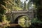 majestic stone bridge over water channel, with towering evergreen trees in the background