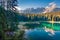 Majestic summer view of Carezza Karersee lake. Superb morning scene of Dolomiti Alps, Province of Bolzano, South Tyrol, Italy, E