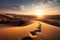 majestic sunrise over desert landscape with towering sand dunes and crystal-clear skies