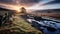 Majestic Sunrise: Stone Fence And Serene River On English Moors