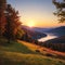 Majestic sunset of the mountains landscape. Wonderful Nature landscape during sunset. Beautiful colored trees over the