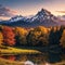 Majestic sunset of the mountains landscape. Wonderful Nature landscape during sunset. Beautiful colored trees over the