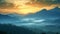 Majestic sunset over the mountain range. Misty nature background