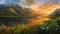 Majestic sunset over mountains, vibrant meadow, tranquil water, natural beauty