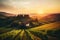 Majestic sunset over a serene hillside dotted with rolling vineyards and quaint farmhouses