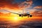 Majestic Sunset View with Plane Silhouette Soaring Across the Mesmerizing Horizons