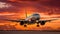 Majestic sunsetscape with a serene landscape and an elegantly gliding airplane in the vibrant sky
