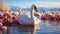 Majestic swan glides on tranquil pond, reflecting beauty generated by AI