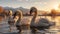 Majestic swan reflects elegance in tranquil water at sunset generated by AI