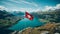 Majestic swiss flag billowing triumphantly against a backdrop of towering alpine peaks