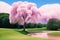 Majestic tale landscape featuring happy sunshine, vibrant candy floss pink colors