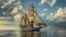 Majestic tall ship sails the open sea under a sky painted with evening light, perfect for themes of adventure, history, and the