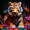 A majestic tiger, crafted with vibrant origami folds, pouncing from a paper forest by AI generated