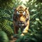 Majestic tiger prowling through dense jungle foliage