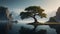 majestic tree in the fog on the shore of a mountain lake