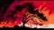 Majestic Tree Standing Tall Against Vibrant Red Sky, Made with Generative AI