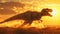 A majestic TRex leading the pack its powerful strides creating a trail of dust behind it as the sun sets in the distance