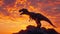 The majestic Tyrannosaurus Rex stands tall on a rocky outcrop its powerful silhouette framed by the vibrant colors of