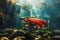 Majestic Underwater View of a Solitary Salmon Swimming in Sunlit Water among River Stones