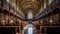 A majestic university hall, adorned with intricate murals depicting scenes from literature. Marble busts of great thinkers stand