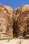 Majestic vertical red cliffs in the Wadi Rum Desert. Beautiful mountain landscapes of nature Jordan