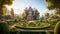 Majestic Victorian Manor Surrounded by Enchanted Gardens. Fantasy Regal Mansion Estate. Generative AI
