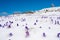 Majestic view of blooming spring crocuses poking from late snow in mountains.