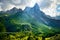 Majestic view of the Cimon della Pala with passo Rolle. National Park Paneveggio. Dolomites, South Tyrol. Location Pale di San