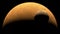 Majestic view of large, Mars like planet with textured surface, accompanied by smaller moon against backdrop of space. Light and