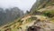 Majestic view of mountains and valleys on the trekking path on Santo Antao Island. Beautiful plantation fields on hill