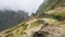 Majestic view of mountains and valleys on the trekking path on Santo Antao Island. Beautiful plantation fields on hill