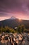 Majestic View of Mt. Hood on a bright, colorful sunset during the summer months in Mount Hood National Forest, Oregon