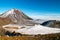 Majestic volcanic valley, the Devil`s Staircase and famous Mount Ngauruhoe, Spectacular scenic view from South Crater, Tongariro