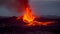 A majestic volcano erupting at dusk, sending cascades of glowing lava into the air