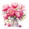 Majestic Watercolor Peony Bouquet In Vase On White Background